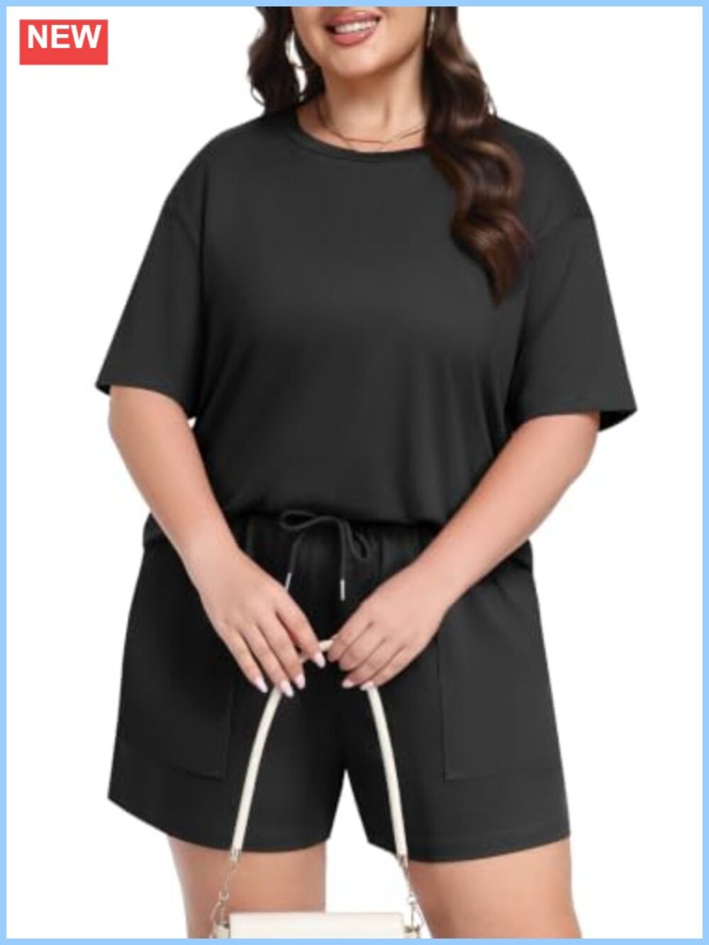 Plus Size 2 Piece Short Set Crewneck Top Drawstring Shorts Pockets